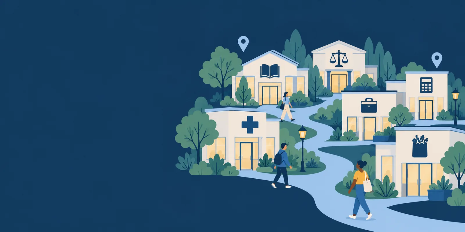A welcoming local community with healthcare, library, legal, job, tax, and community-help destinations.