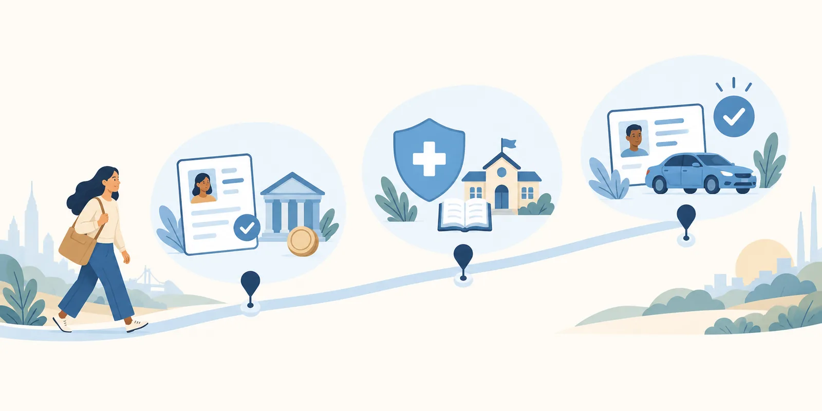 A newcomer journey connecting documents, healthcare, school, and transportation during the first 90 days.